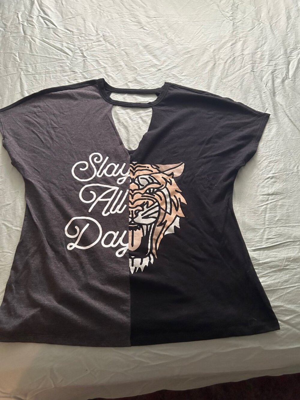 Upcycled half tiger/ half "Slay All Day" t-shirt with V cut out women size XL